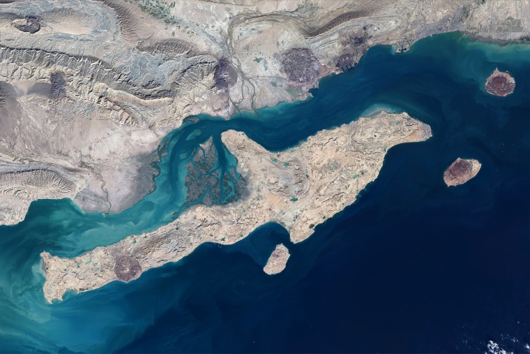 A satellite view of Qeshm Island in Hormozgan Province, Iran, within the Strait of Hormuz region on January 17, 2026.
