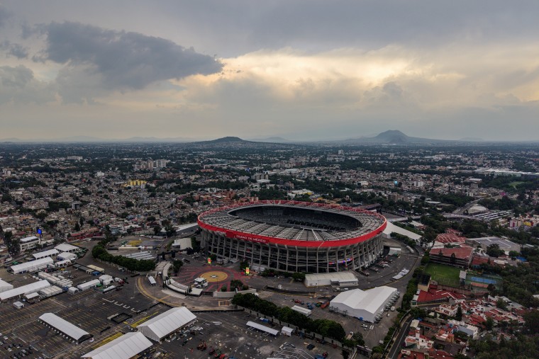 An aerial photo of a large sports stadium in Mexico City.