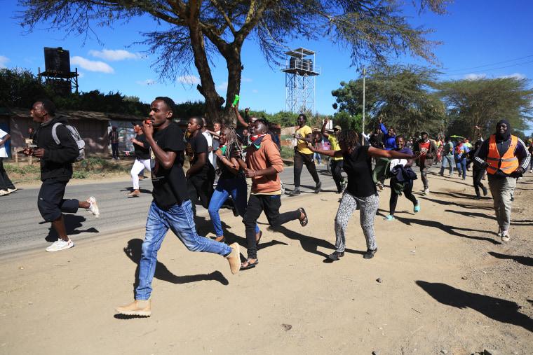 Protesters demonstrate the Ebola treatment center established or Americans in Kenya
