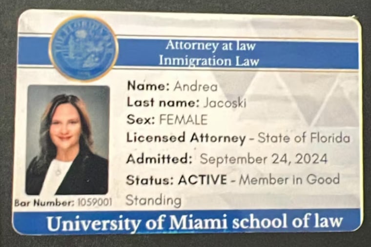 A fake Andrea Jacoski ID used by scammers.