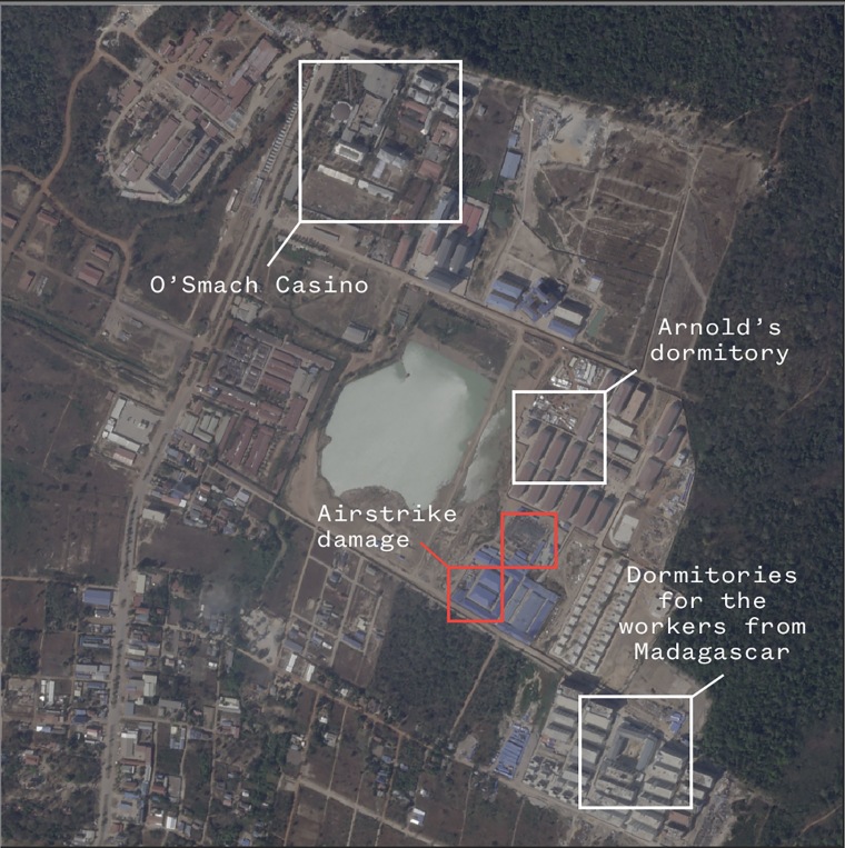 Satellite image from Feb 11, 2026 of the O’Smach Scam Compound wherever each six victims lived and worked shows December airstrike harm adjacent the dormitories.