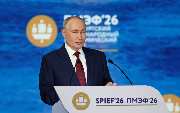 Russia's President Vladimir Putin at the St. Petersburg International Economic Forum in Saint Petersburg on June 5, 2026.
