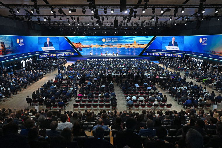 Wide shot of the room as Russian President Vladimir Putin speaks at the St. Petersburg International Economic Forum in Saint Petersburg on June 5, 2026. 