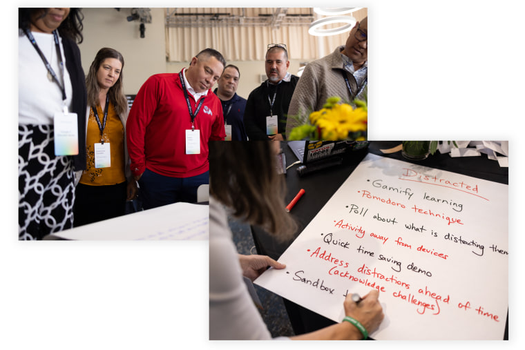 Two overlayed images, on top left, a photo of people looking down at a paper on a table, and bottom right, a hand writing a list on a large sheet of paper that reads "Distracted: gamify learning, pomodoro technique, poll about what is distracting them, activity away from devices, quick time saving demo, address distractions ahead of time (acknowledge challenges), sandbox"
