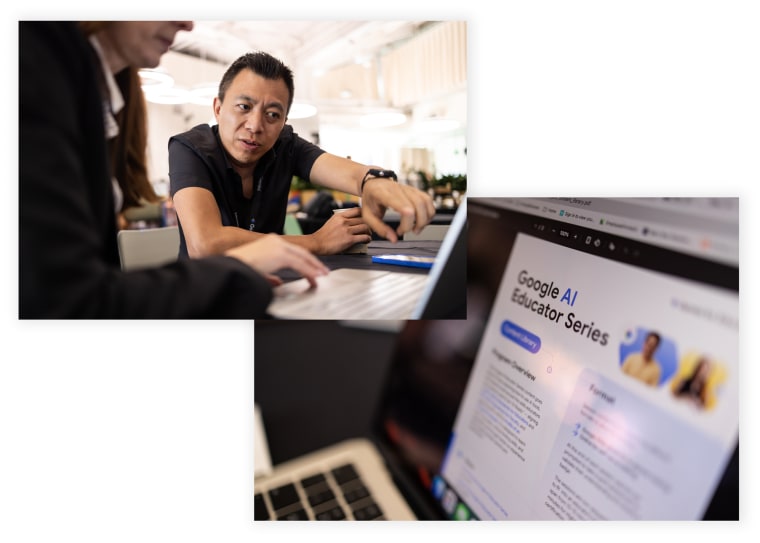 Two overlayed photos, on the top left, a photo of someone look at a laptop screen, on the bottom right, a laptop screen with text that reads "Google Educator AI Series"
