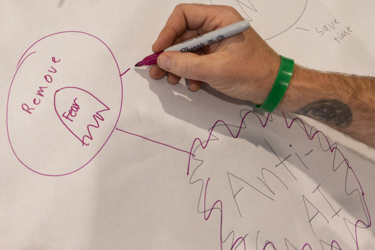 A hand uses a sharpie to write "Anti-AI, remove fear" in magenta on a piece of large white paper
