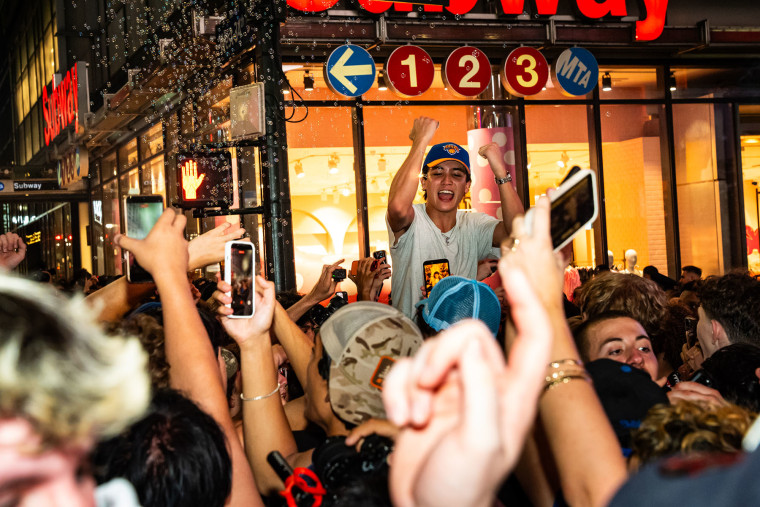 New York Knicks Fans Gather To Watch Game Two Of The NBA Finals Against San Antonio Spurs