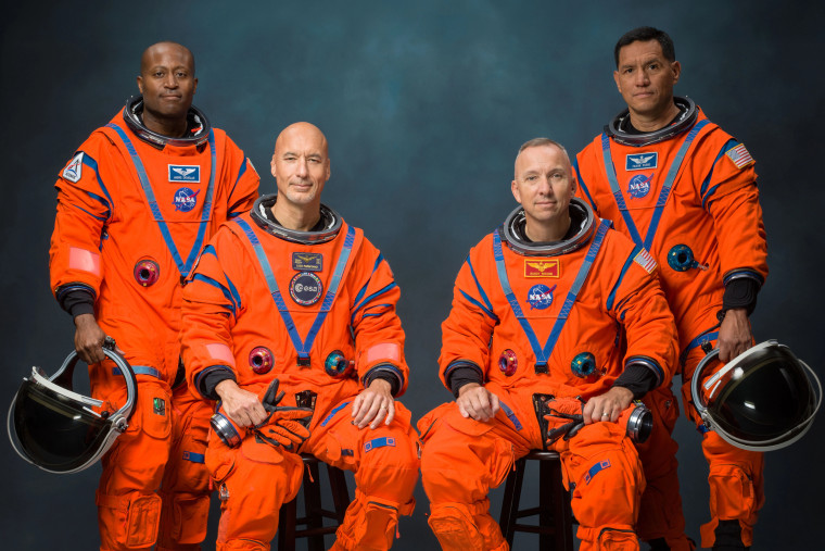 The Artemis III crew poses for an official portrait, from left, Andre Douglas, Luca Parmitano, Randy Bresnik, Frank Rubio.