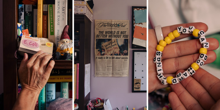 A triptych of details of her room.