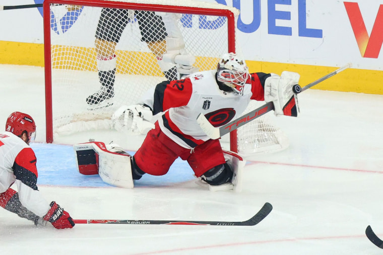 Brandon Bussi of the Carolina Hurricanes makes a save against the Vegas Golden Knights