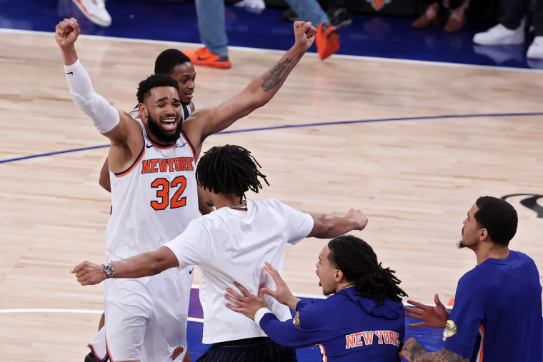 New York Knicks star Karl-Anthony Towns celebrates after his team's 107-106 victory against the San Antonio Spurs in Game 4 of the 2026 NBA Finals at Madison Square Garden.