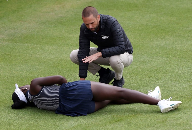 Victoria Mboko is checked on by the chair umpire