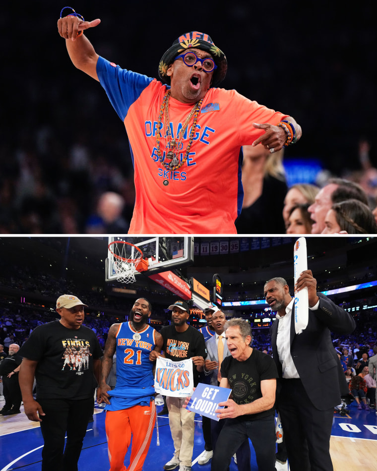 Spike Lee, above, and John Starks, Iman Shumpert, Stephon Marbury, Ben Stiller and Ron Artest, below, celebrate.