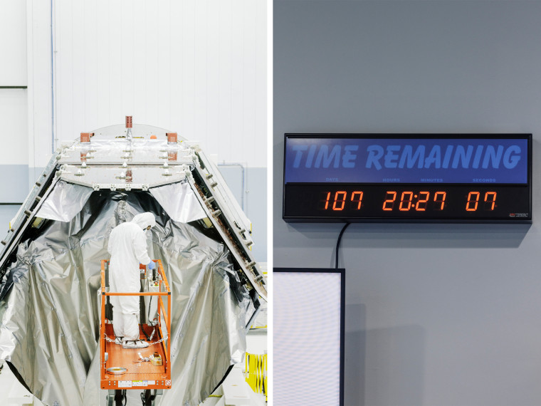 Left: A Goddard employee performs final checks on the Roman telescope in the clean room; right: a clock counts down the time remaining until the observatory is launched into space.