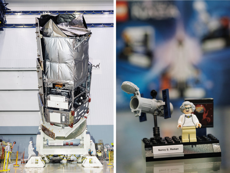 Left: the Nancy Grace Roman Space Telescope in the clean room. Right: a Lego model of Nancy Grace Roman, a pioneer of modern space-based astronomy after whom NASA named its next-generation telescope in 2020.