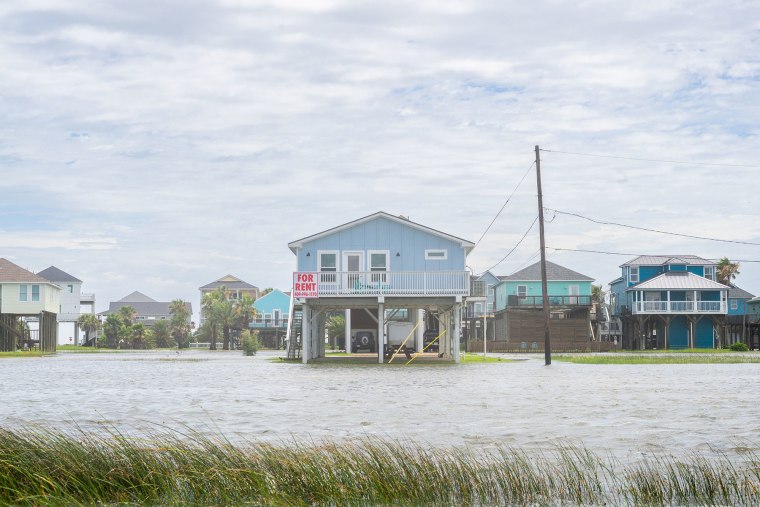 Floodwaters surround a home after Tropical Storm Arthur made landfall on June 17, 2026 in Freeport, Texas. 