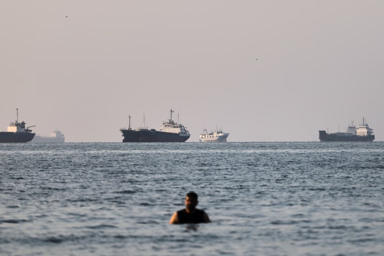 A person stands on shallow water as cargo and commercial vessels are anchored in the Strait of Hormuz off Bandar Abbas, Iran.