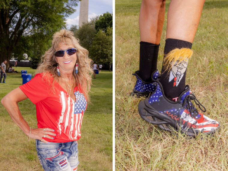 A split composite image of Diane Scalice standing at a park, and a close up of her Donald Trump socks with fuzzy blond threads sticking out for his hair