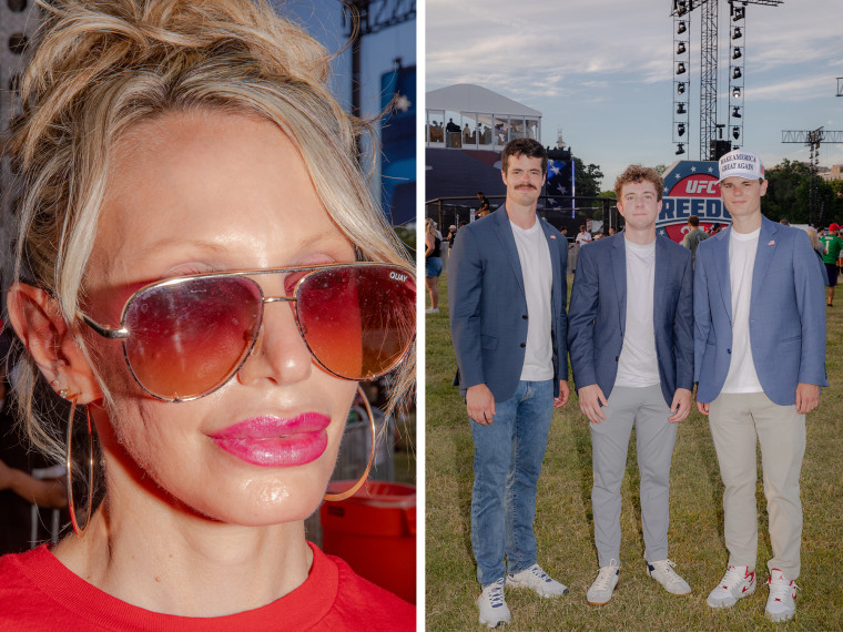 A split composite image of Jackie Chavez's face close up, left, and three men standing next to one another outside (from left, Henry Wied, George Wied, RJ Carrel)