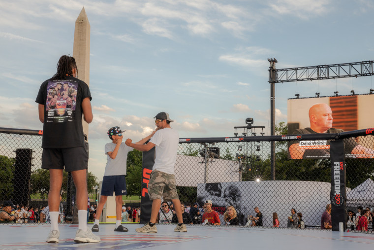Thousands of fans gathered Saturday afternoon on the Ellipse for Freedom 250’s “Fan Fest” event, a sprawling fair of booths and vendors set up in the park south of the White House to celebrate the UFC Fight planned for Sunday night.