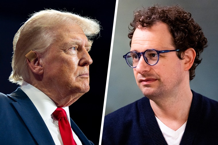 A split composite image of Donald Trump, left, and Dario Amodei