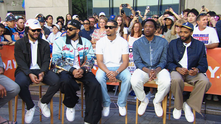 The New York Knicks starting lineup, from left, Jalen Brunson, Karl-Anthony Towns, Josh Hart, OG Anunoby and Mikal Bridges.