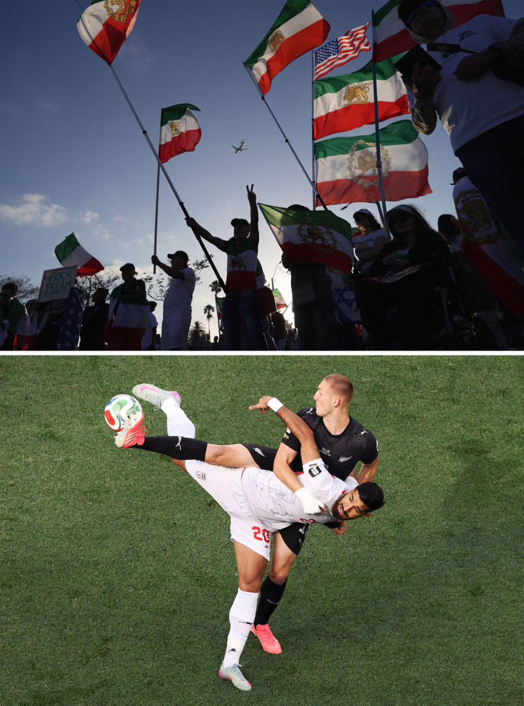 Above: Pre-revolutionary flags waved in Los Angeles on Monday. Below: Action from Iran vs New Zealand, which was tied 2-2.