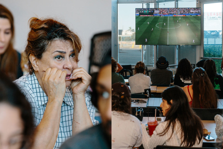 Left: Sima Vaziri reacts to the game at Meymuni Cafe in Los Angeles on Monday.