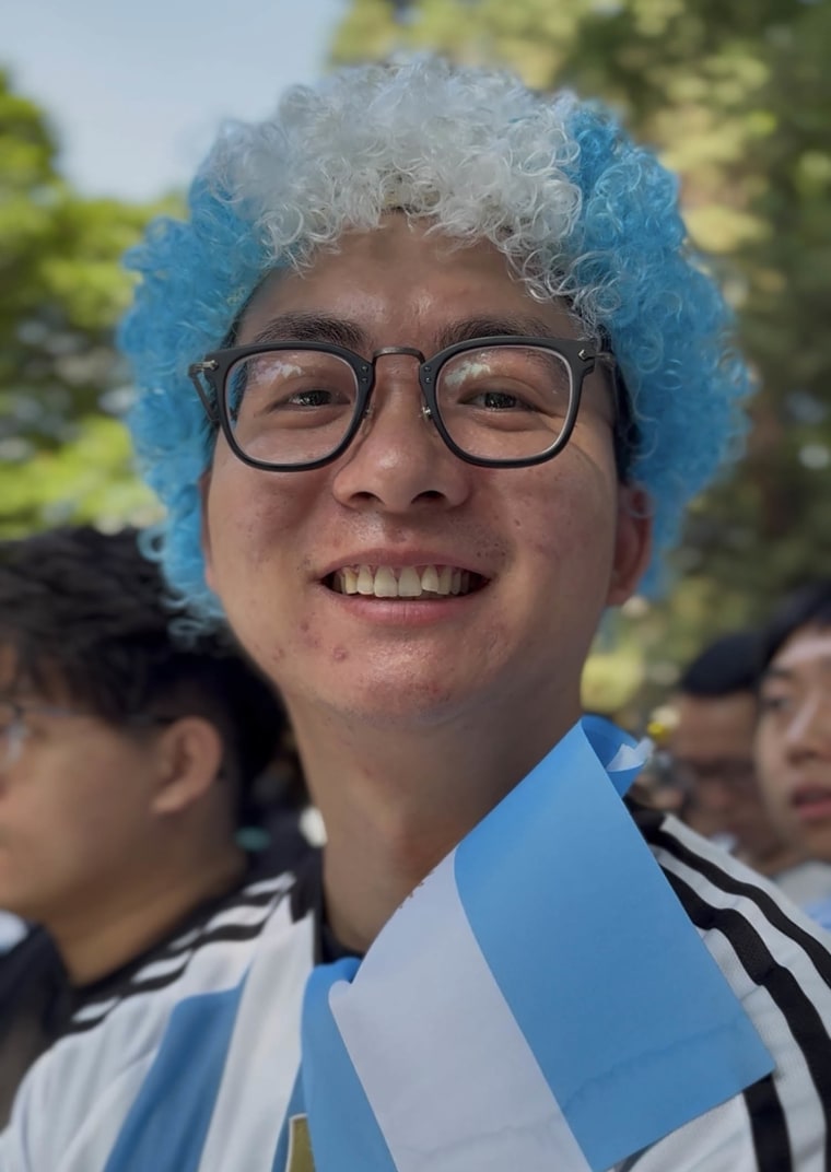 Chinese soccer fans rally in support of Argentina outside the embassy in Beijing on June 17, 2026.