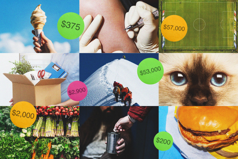 Illustration of photos like ice cream cones, a person getting tattooed, people climbing Mount Everest, and price tag stickers.