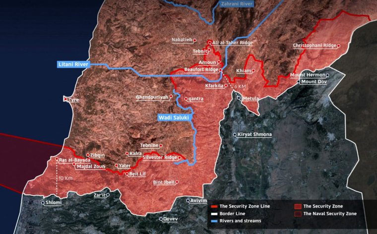 A map published by the Israeli army-IDF, indicates the Security zone in which IDF soldiers are operating in southern Lebanon