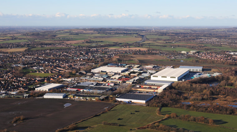 aerial view of an industrial estate at Lockett Road, Ashton-in-Makerfield, Lancashire, UK