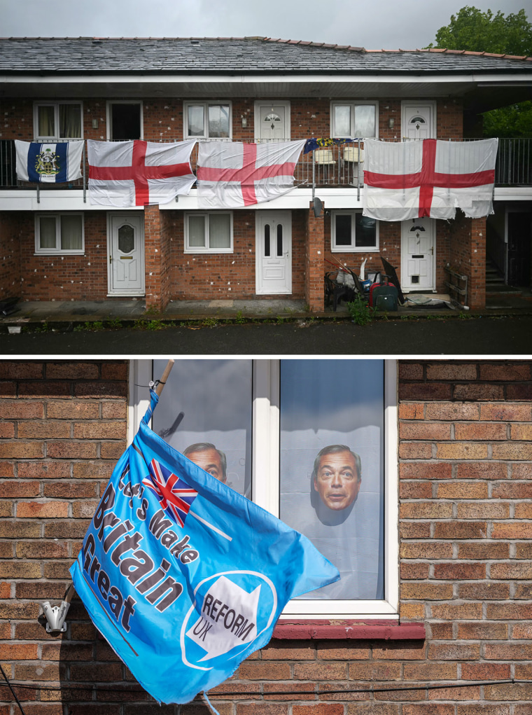 Flags bearing the St. George's Cross are draped from homes in Ashton-in-Makerfield on May 19. Below: A campaign flag for the U.K.'s right-wing Reform party Wednesday.