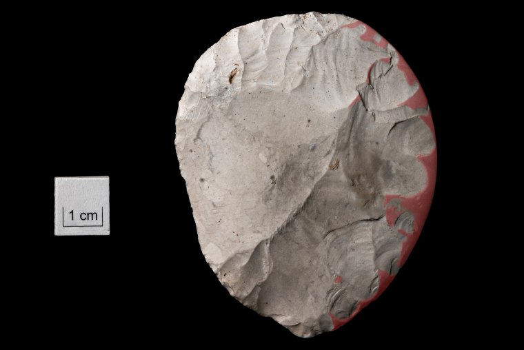 A rare disc-shaped flint knife found at Bulford by Phil Harding of Wessex Archaeology.