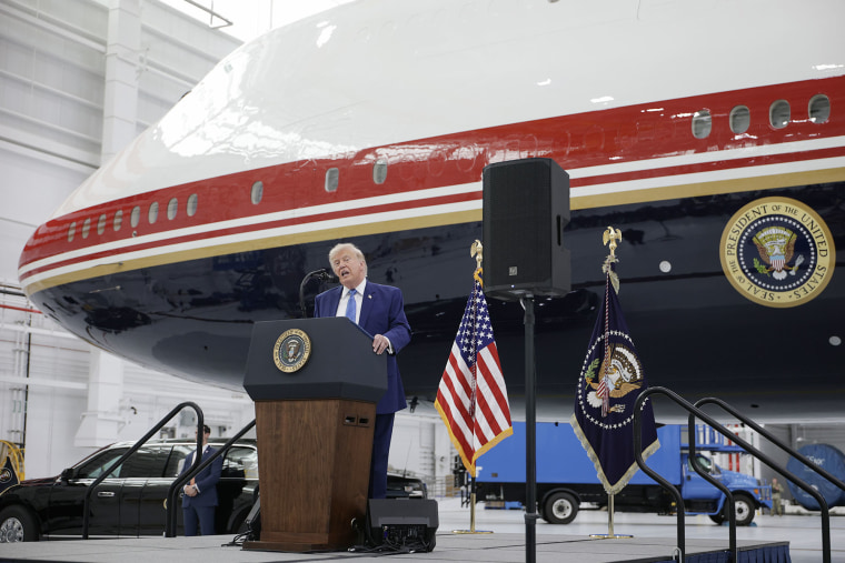President Donald Trump delivers remarks after touring the newest aircraft in the presidential fleet at Andrews Air Force Base on June 19, 2026.