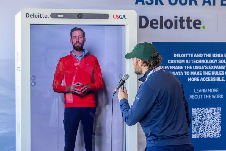 A fan asks a question of an AI-generated avatar based on the USGA's new Rules AI service at the 2026 U.S. Open.