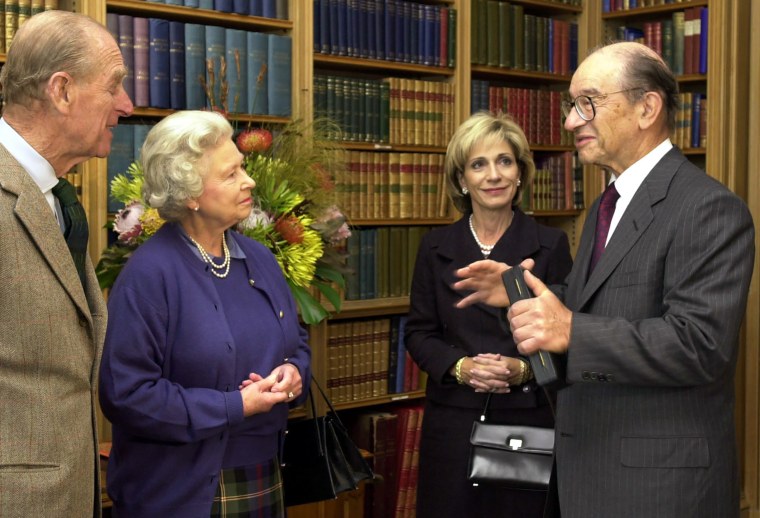 Alan Greenspan and Andrea Mitchell with Queen Elizabeth II and the Duke of Edinburgh at Balmoral castle in Scotland in 2002.