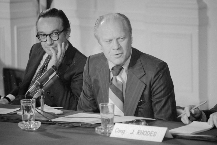 Gerald Ford and Alan Greenspan at Economic Summit