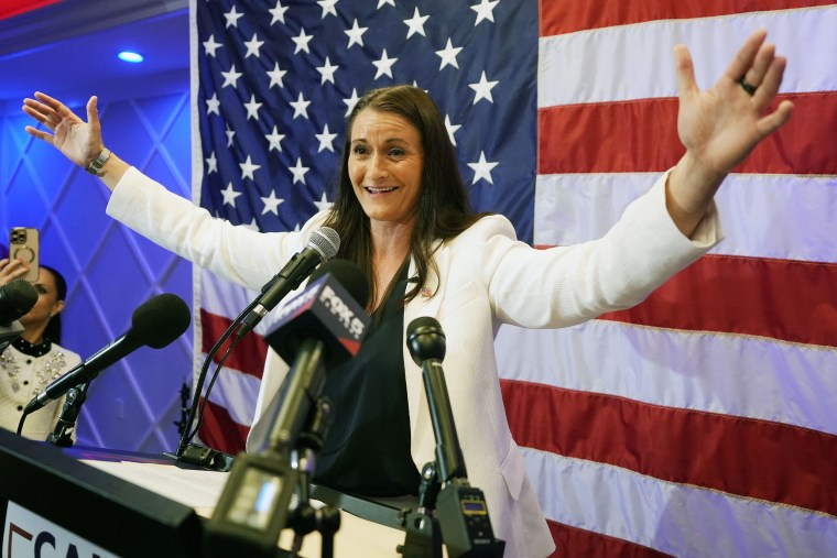 Cait Conley thanks her supporters during her victory speech after winning the 17th Congressional District primary at the