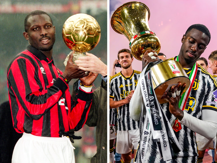George Weah holding the Ballon D'Or in 1995; Timothy Weah holding the Coppa Italia in 2024.