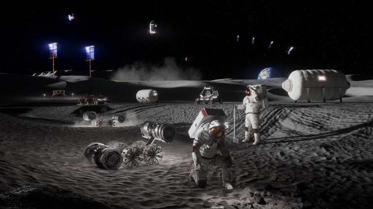 Artist’s rendering depicting astronauts, habitats, rovers, power systems, and cargo operations supporting sustained human activities at the Moon Base near the lunar South Pole.