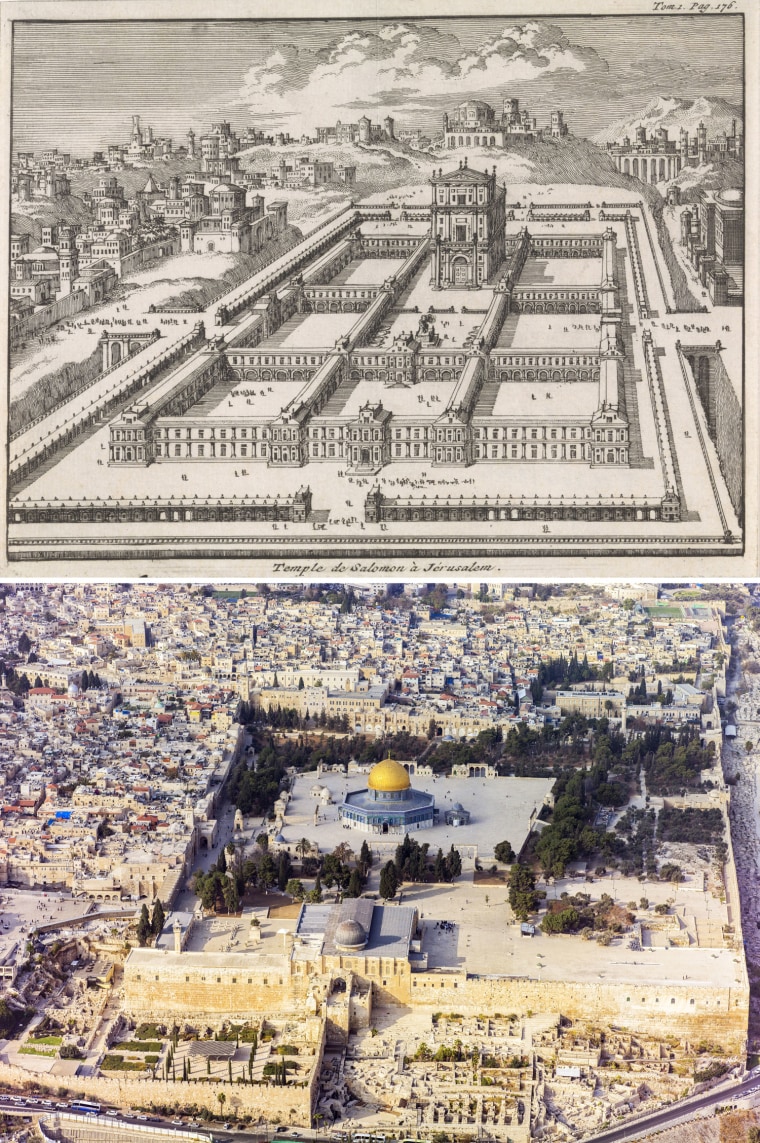 Top: A print of Solomon's Temple in Jerusalem from 1705. Bottom: The present day Al-Aqsa mosque complex and Western Wall.