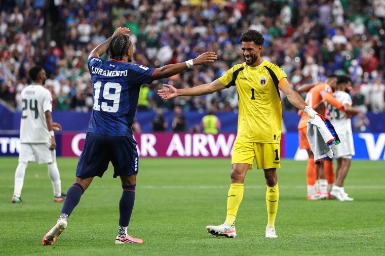 Dailon Livramento #19 and Vozinha #1 of Cabo Verde celebrate after the 0-0 draw  during Cabo Verde v Saudi Arabia.