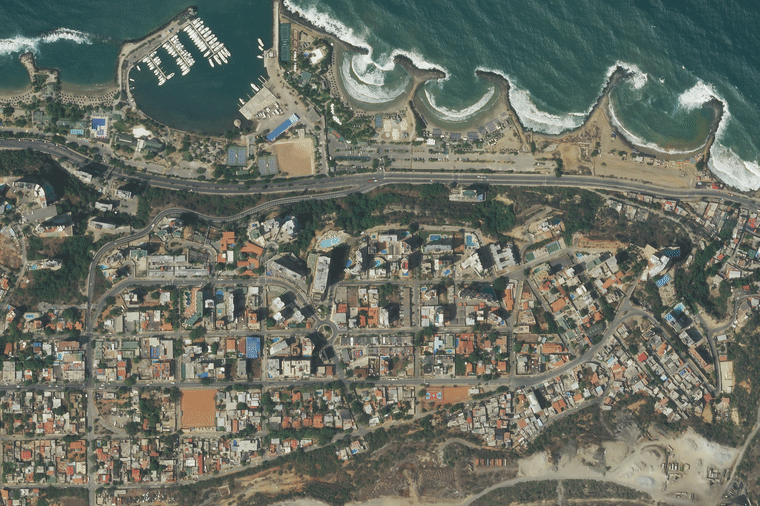 Apartment buildings in Catia La Mar, La Guaira, Venezuela, on Feb., 27, 2026 and on June 26, after the earthquakes.