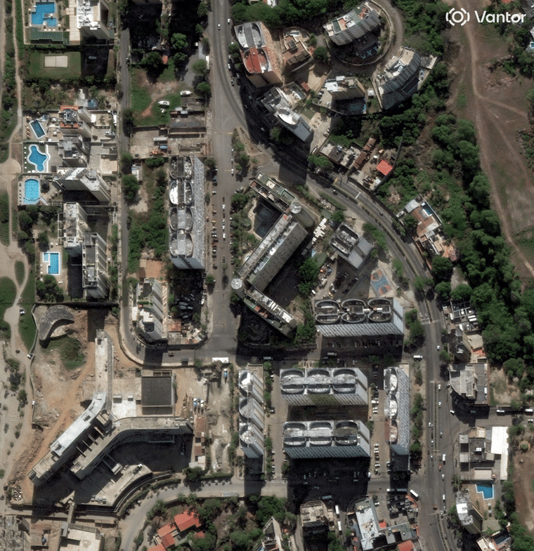 Apartment buildings in La Guaira, Venezuela, on Dec., 25, 2025 and on June 25, after the earthquakes.