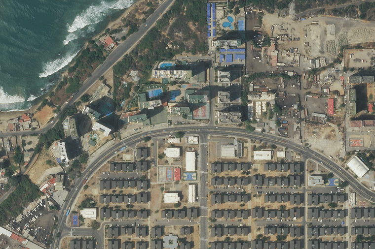 Apartment buildings in Catia La Mar, La Guaira, Venezuela, on Feb., 27, 2026 and on June 26, after the earthquakes.