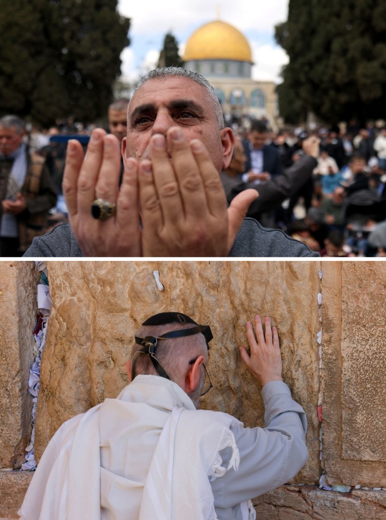 Top: A Muslim man prays outside the Al-Aqsa Mosque in April. Bottom: A Jewish man prays at the Western Wall on June 7. 