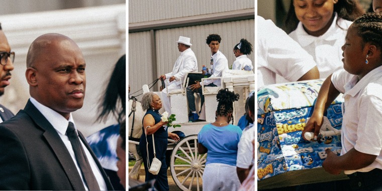 A triptych image from a funeral in Mississippi.