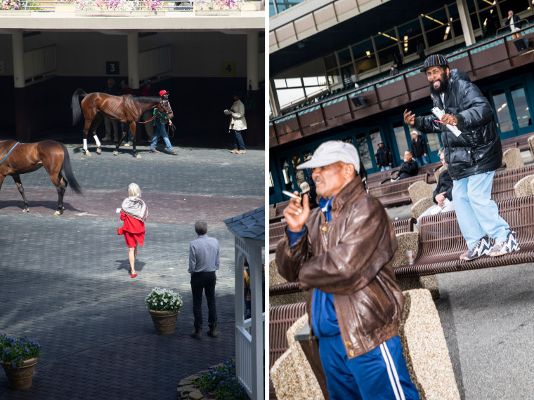 A female successful a reddish dress walks amongst horses; 2 men guidelines adjacent benches while watching races.