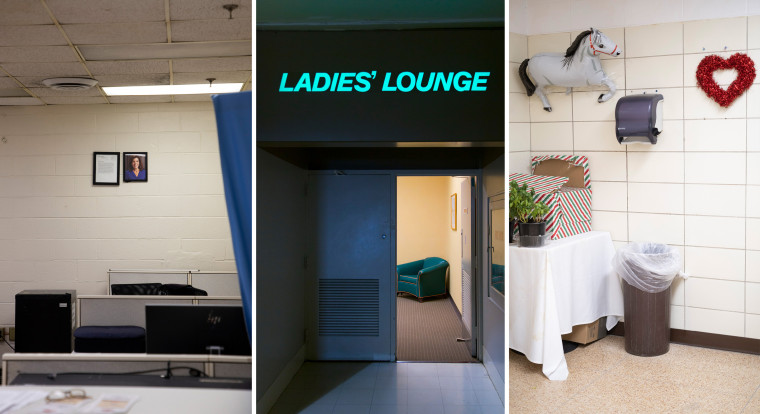 A triptych of images wrong Aqueduct Racetrack, including a framed photograph of New York Gov. Kathy Hochul; a motion reference "Ladies Lounge" pinch an unfastened door; and a bath pinch an inflatable equine balloon and reddish bosom connected the wall.